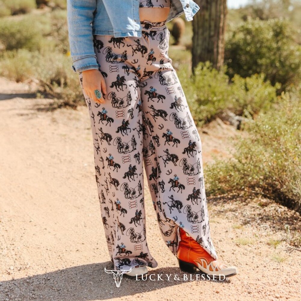 Western Wild West Printed Front Button Wide Leg Pants